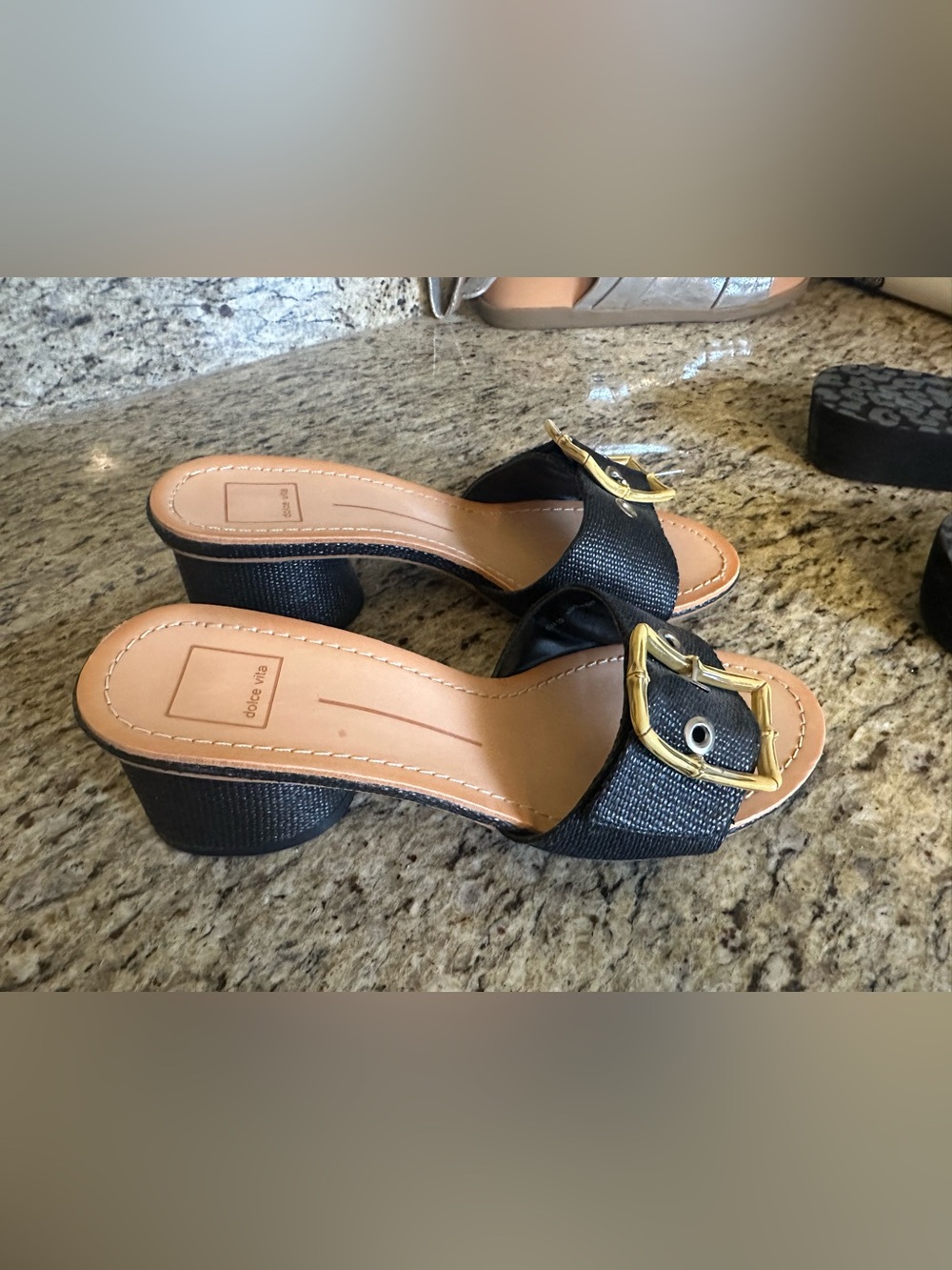Dolce Vita Black Slide Mules with Rattan Buckle Accent